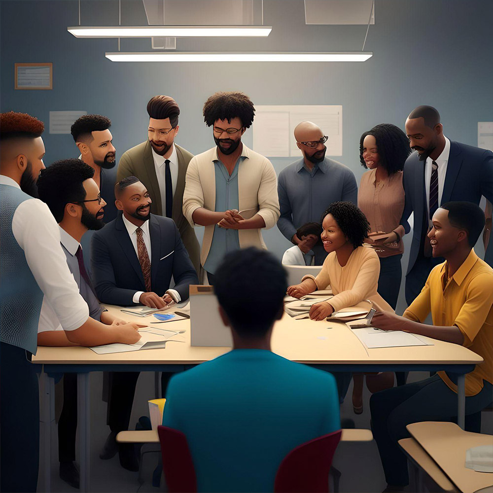 A group adults standing around a desk in a classroom setting