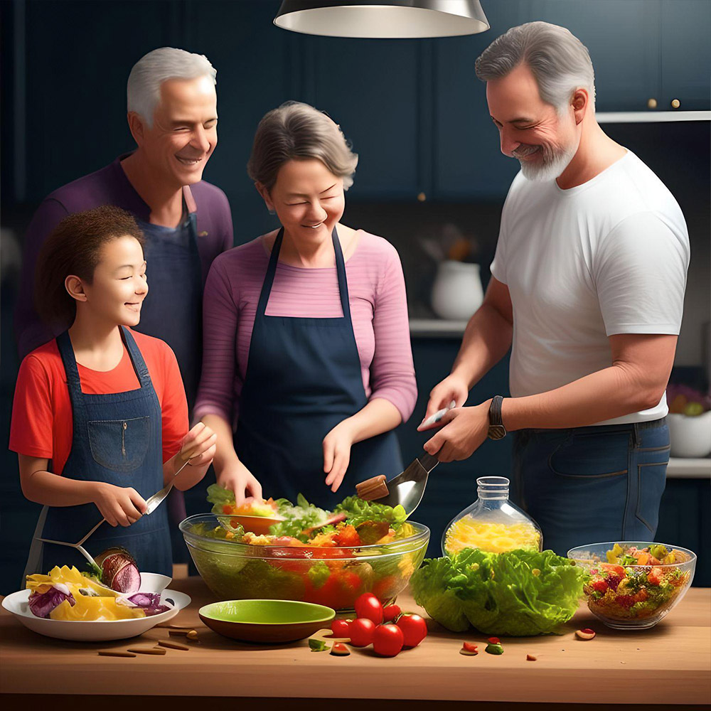 Mom and Dad teaching a 14-year-old girl on the autism spectrum how to make a salad