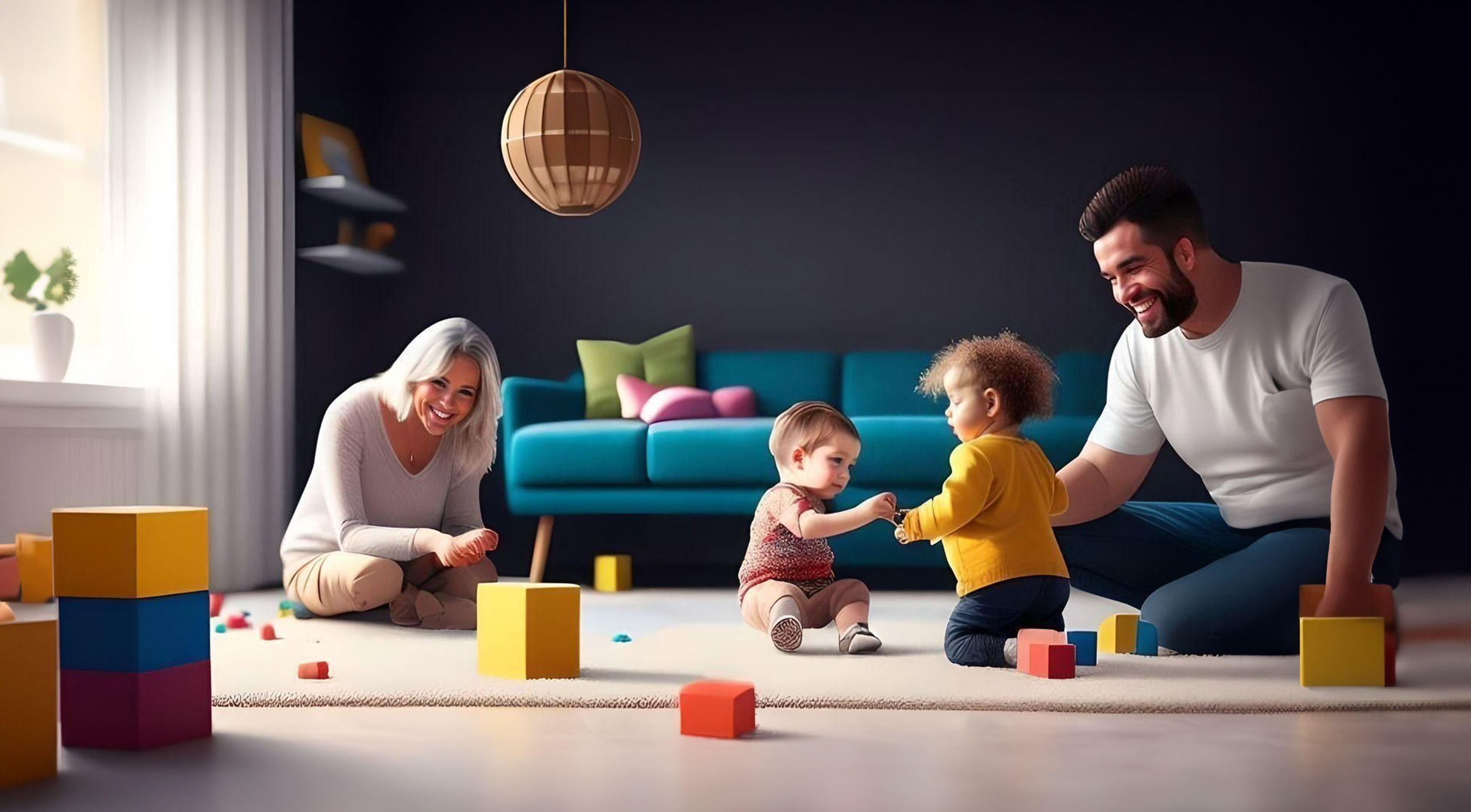 Parents and 2 children playing together on the floor of their living room