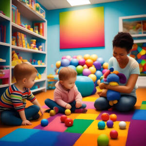 BCBA and Child playing in a therapy room filled with educational materials, colorful toys