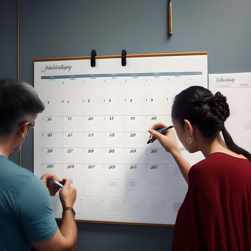 Mom and Dad marking up a wall calendar