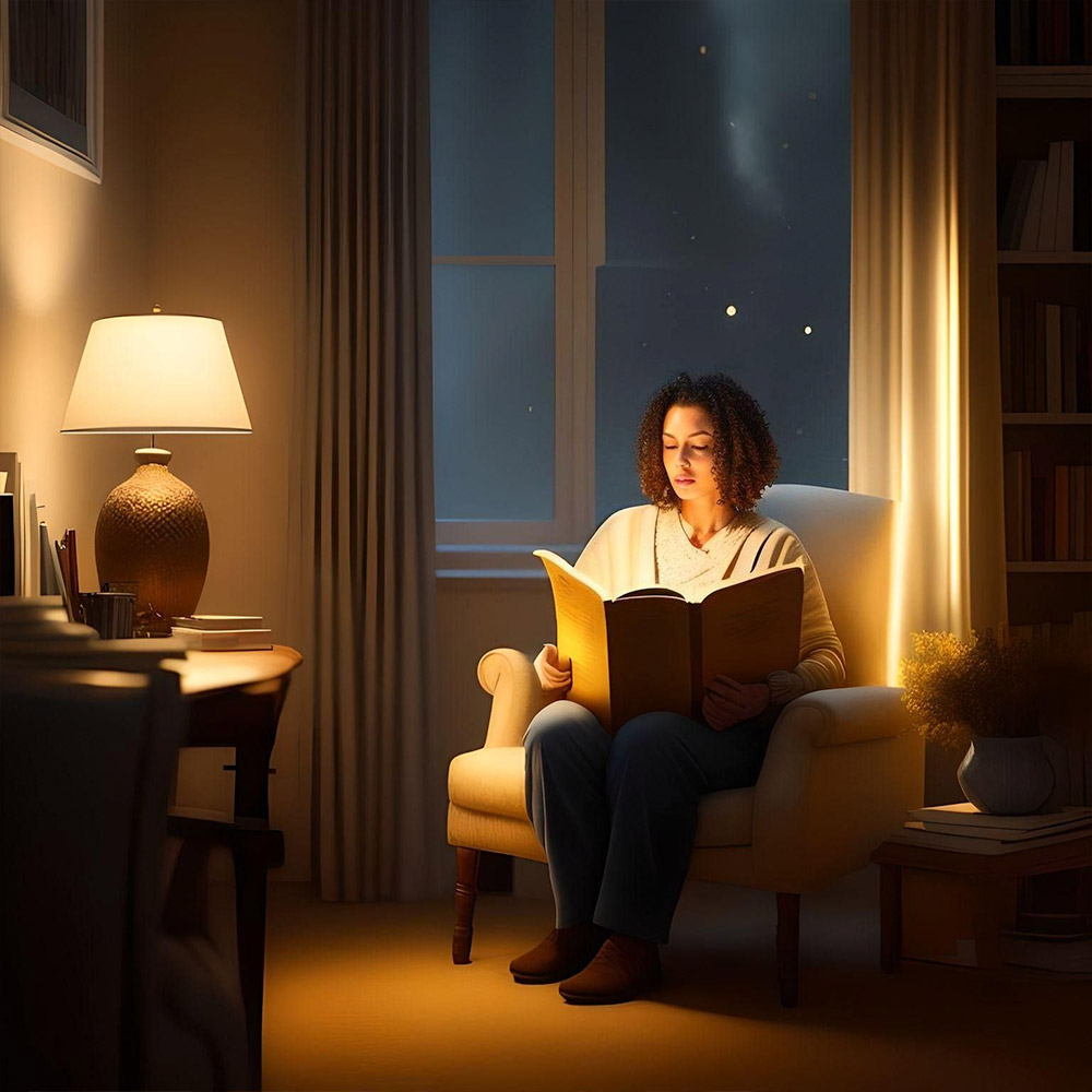 Mom sitting in a chair in a dark but cozy, well-organized home study with the light shining over her shoulder as she reads a book about ABA therapy