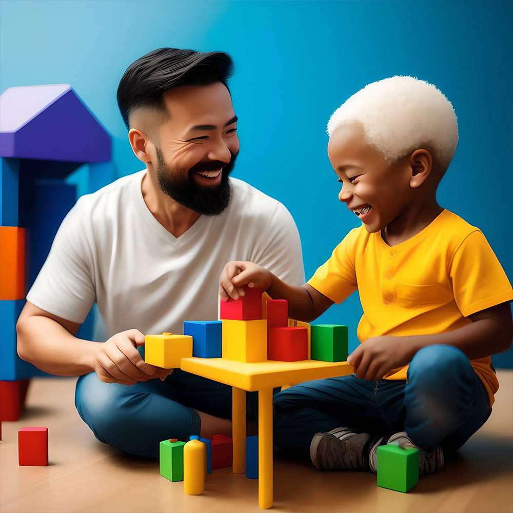 ABA technician sitting on the floor at a child-sized table alongside a child with developmental disabilities. They are both engaged in an activity like playing with colorful building blocks, a puzzle, or a board game. The ABA technician is smiling and making eye contact with the child, while the child is also smiling and appears to be enjoying the interaction.