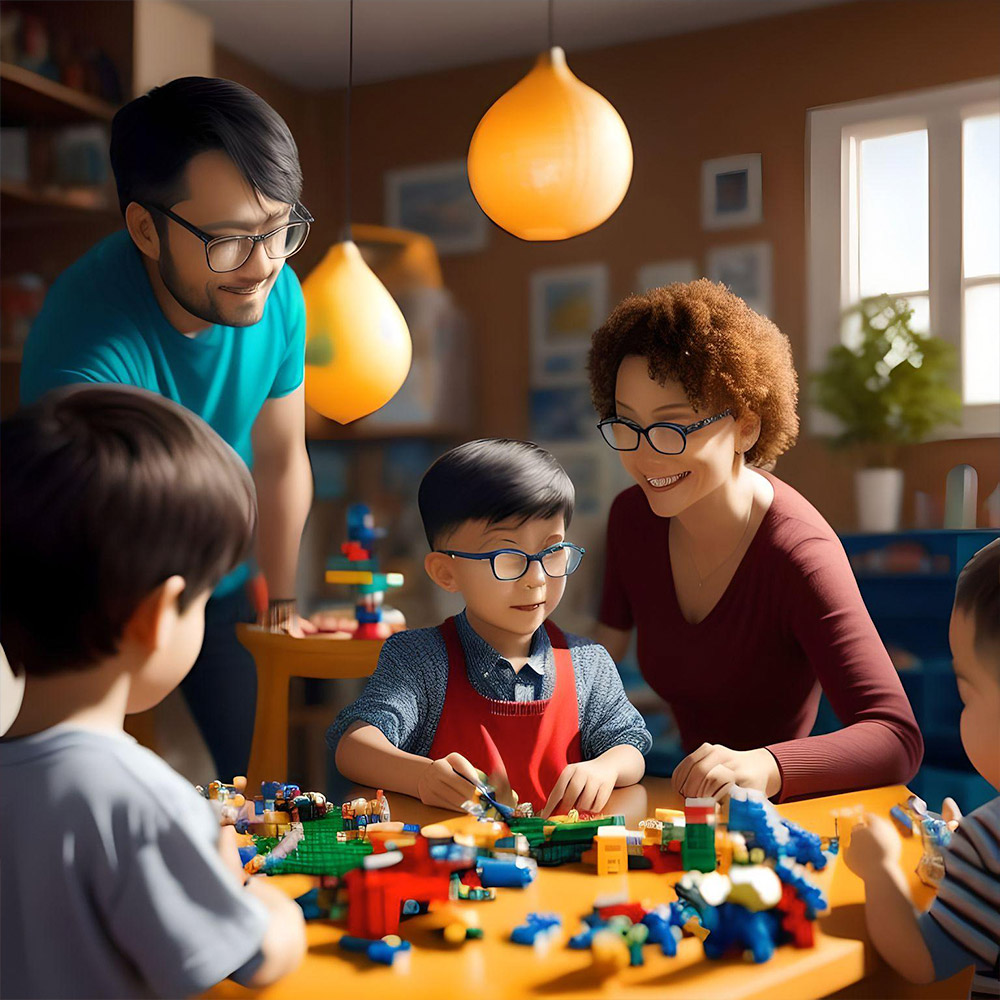 A photo of a 35 year old male BCBA patting the back of a 20-year old Behavior Technician, both looking at an 8-year old child who is sitting at a table, playing with legos.