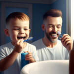 Parent and child brushing teeth together