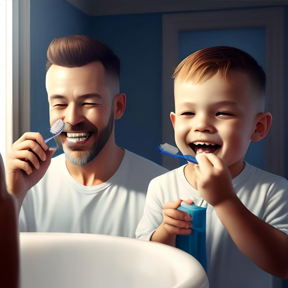 Parent and child brushing teeth together