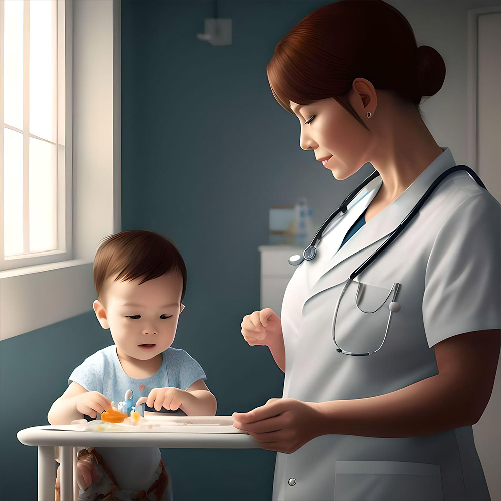 a female doctor examining a 3-year old baby in a doctor's office setting