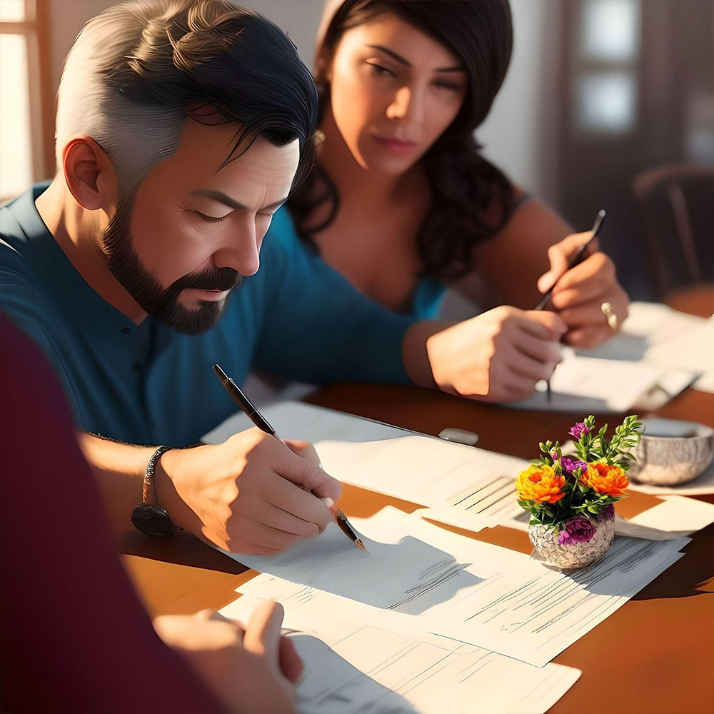 Mom and dad at dinning room table, mom writing a check, dad looking at bills