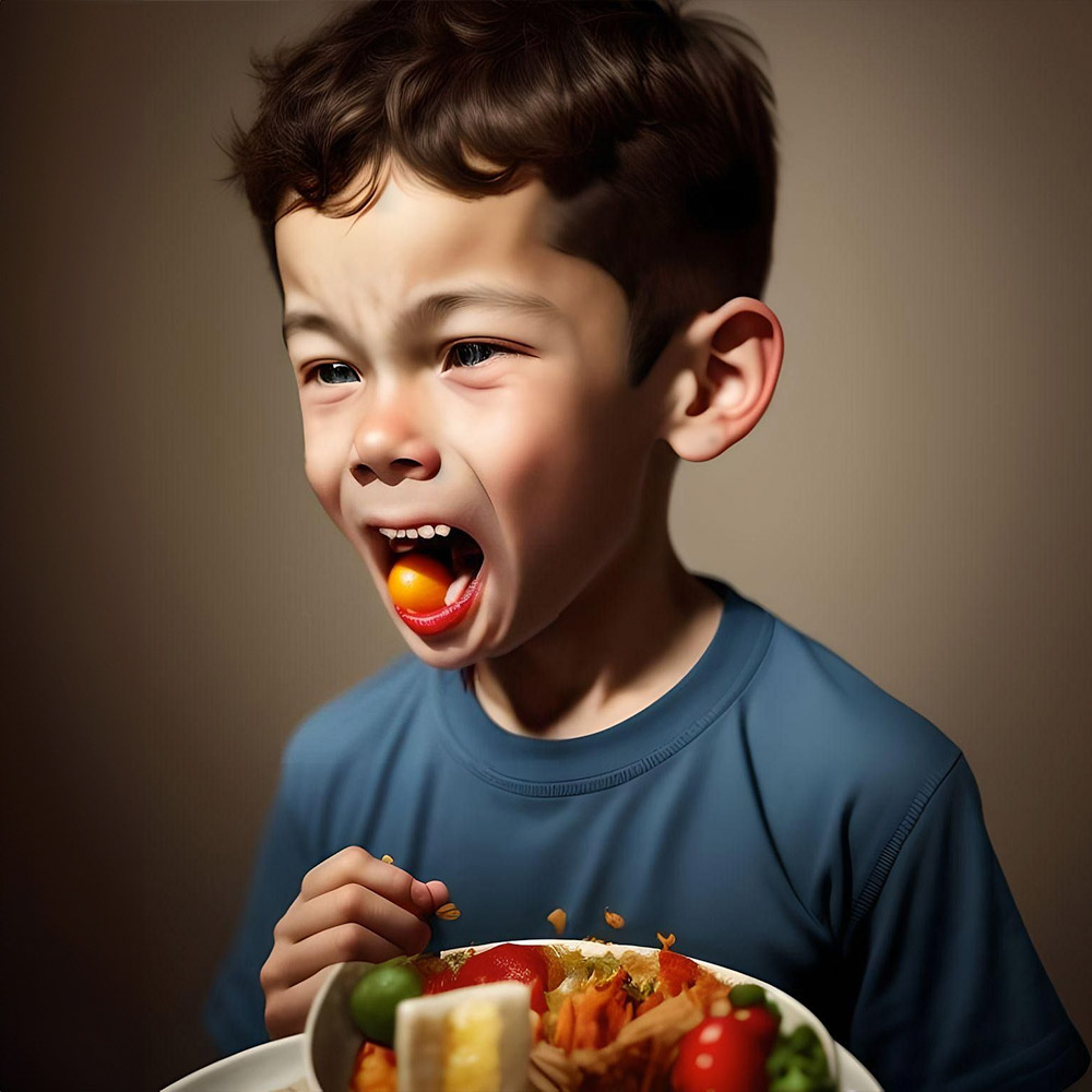 A 12-year old boy who has just taken a bite of food and is making a face as if they can't stand the taste