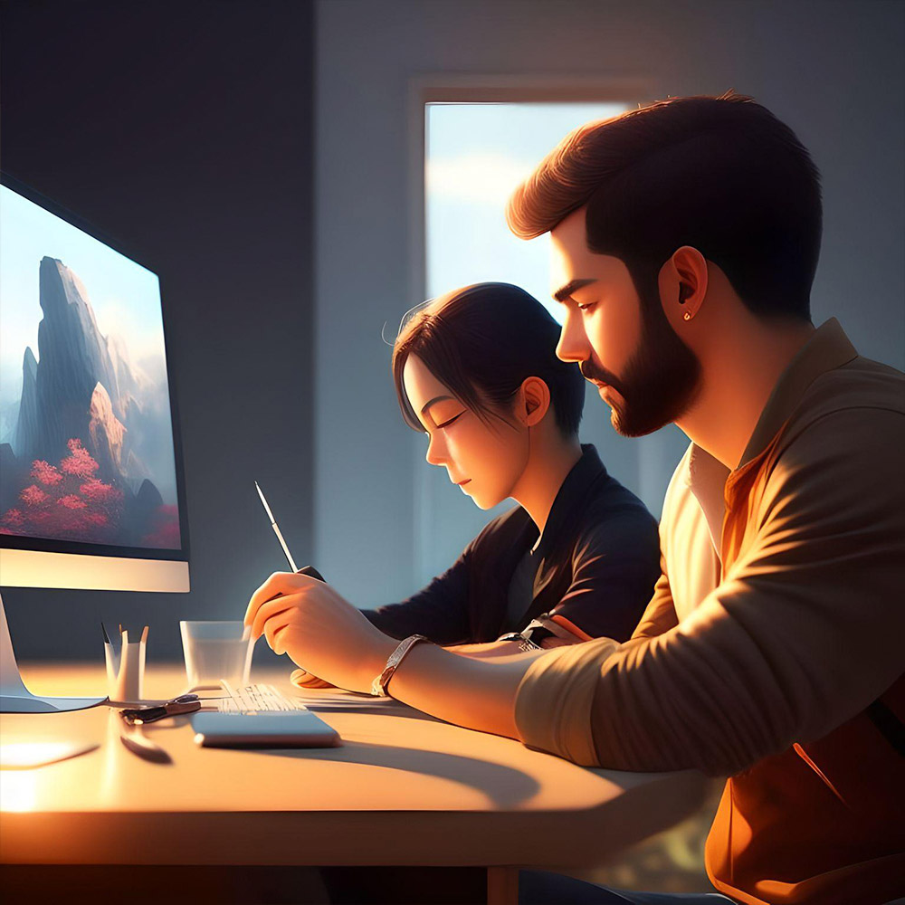 Mom and Dad, in their late 30s, sitting at the dining room table looking at a computer together