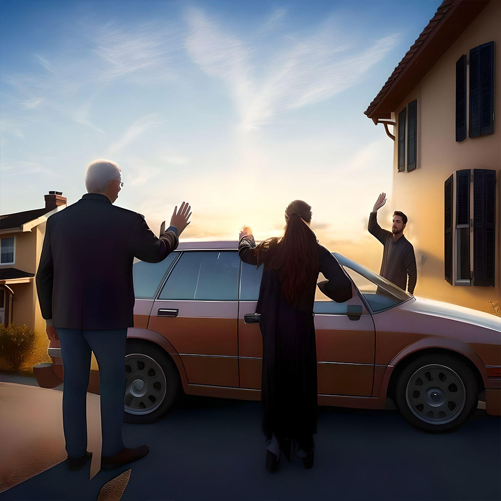 Mom and dad waving good-bye to their 20-year old son as he drives away in his car.