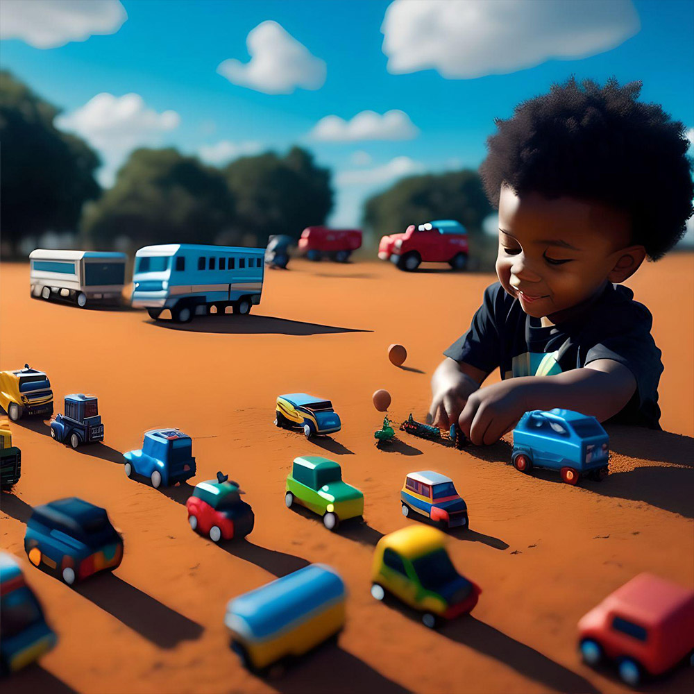 A boy playing with toy trucks that are lined up perfectly