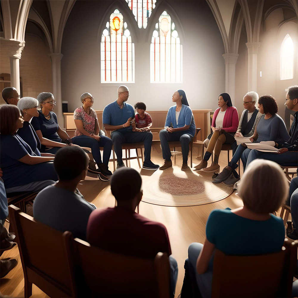 A photo of a diverse group of parents attending a support group meeting, all sitting in a circle in a church basement.