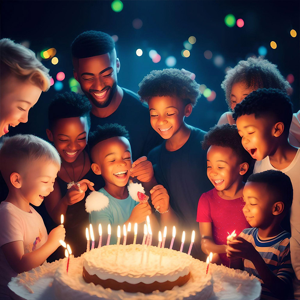A group of party goers surrounding a special needs child as they blow out the candles on a birthday cake