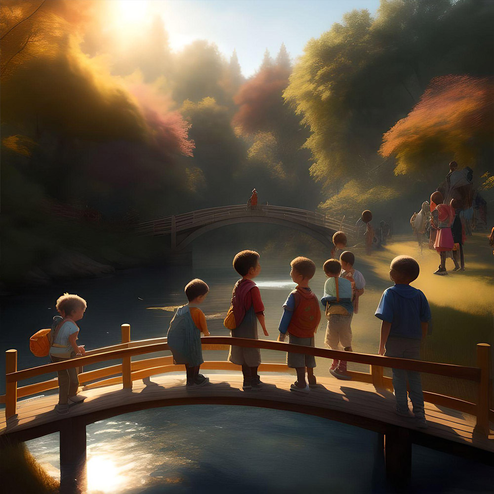 a small, diverse group of children & staff bathed in warm sunlight and standing on a bridge across a pretty little babbling brook