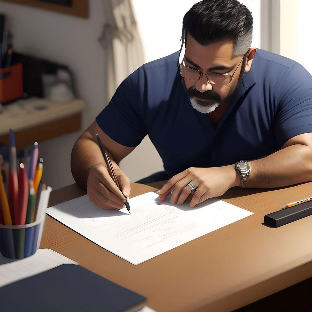 A 35-year old male, sitting at a desk, holding a pencil and answering questions on paper survey