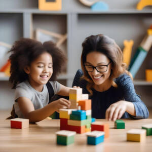 A therapist and a girl stacking blocks together.