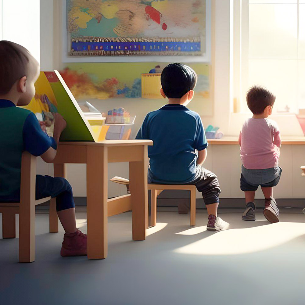 Group of 4 and 5 year old children playing in a classroom setting, with one child sitting off to the side, alone and looking away.