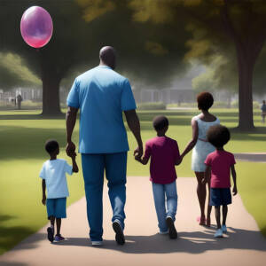 Family including mom and dad with 7 or 8-year-old in a park. The child is holding balloon as the family walks away from the camera.