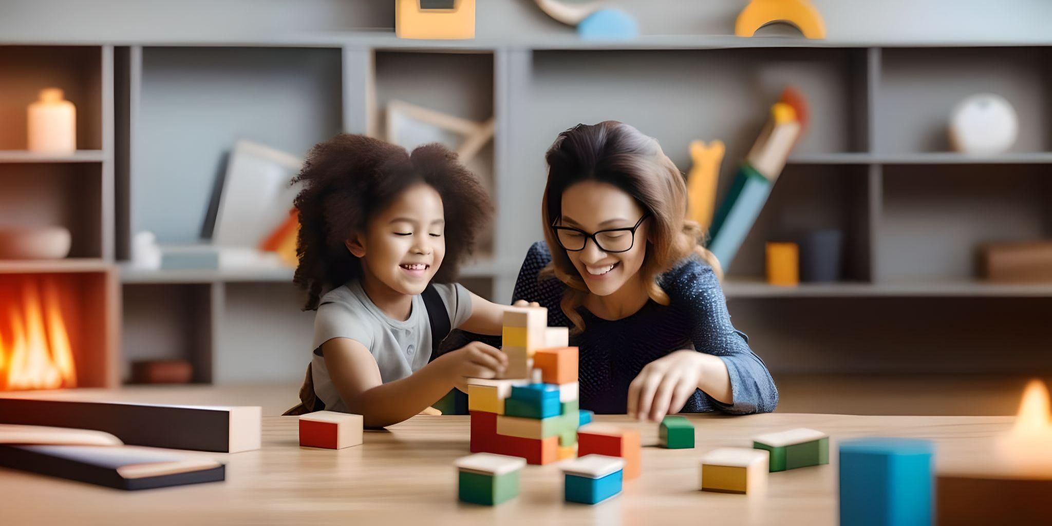 Mom and daughter playing with building block