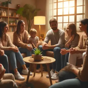 group of parents sitting together in a cozy, well-lit room. They are engaged in a heartfelt conversation