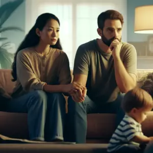 parents in a living room, looking worried and concerned as they observe their young child.