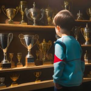 child standing in front of shelves of trophies